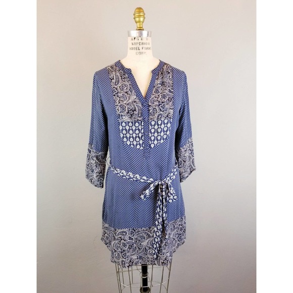 Buttons Brand Navy Blue Print Shirt Dress with Tie Women's Size Small - Picture 1 of 7